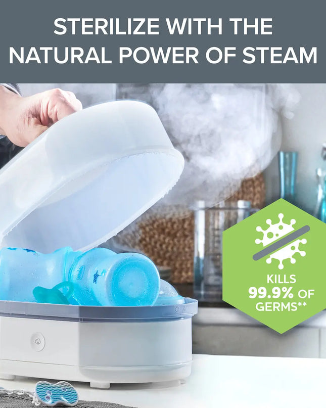 Steam sterilizer with blue items inside, labeled 'Sterilize with the natural power of steam' and 'Kills 99.9% of germs'.
