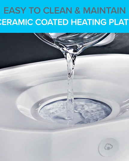 Ceramic coated heating plate with water being poured onto it, text 'Easy to clean & maintain ceramic coated heating plate' above.