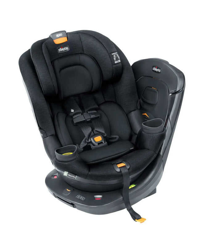Black car seat with cup holder on a white background