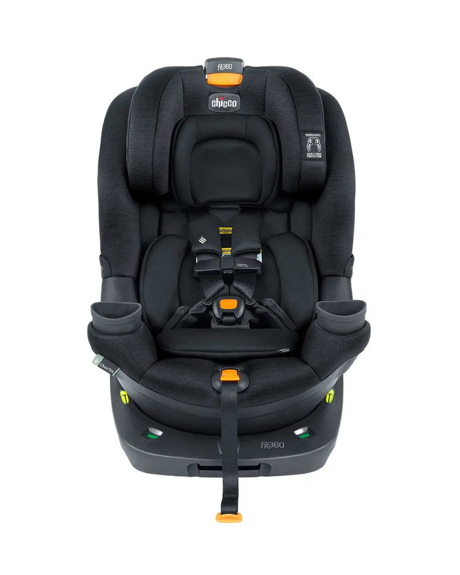 Black car seat with orange accents on a white background