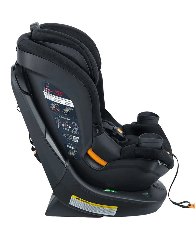 Black car seat with visible branding on a white background