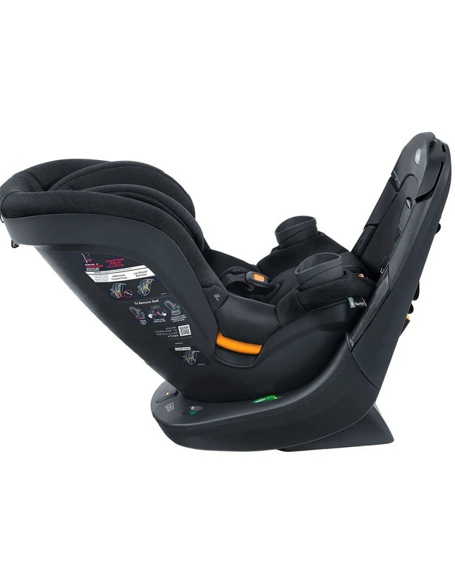 Black car seat with orange accents on a white background