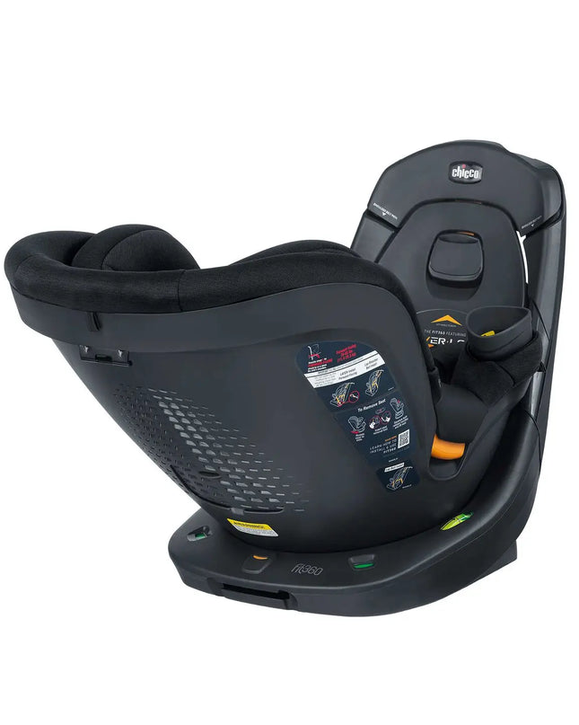 Black baby car seat with label on a white background