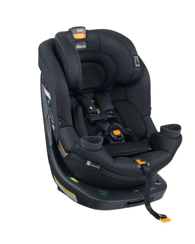 Black car seat with orange accents on a white background