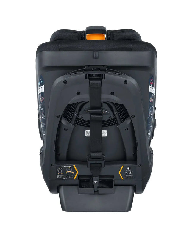 Back view of a black car seat with orange accents on a white background