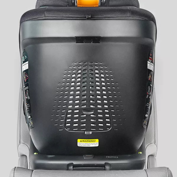 Back view of a car seat with a gray and black design on a light gray background