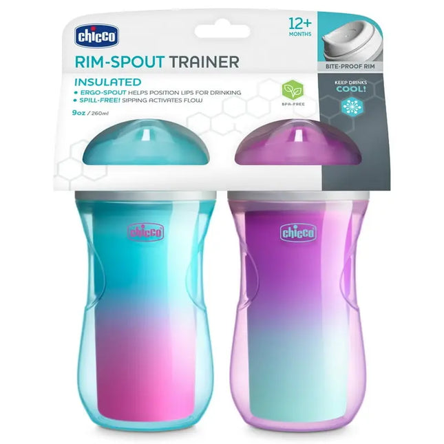 Two Chicco rim-spout trainers in blue and purple packaging on a white background