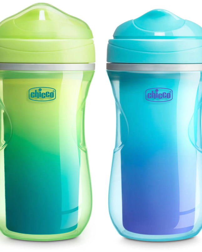 Two colorful sippy cups with Chicco branding on a white background