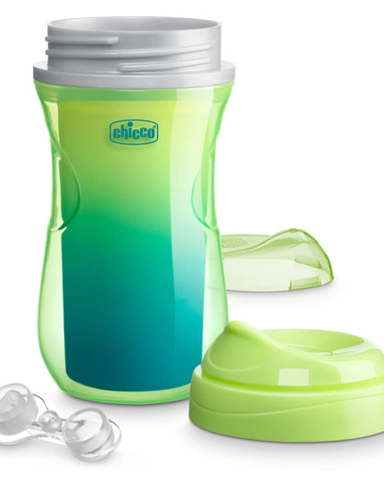 Gradient green and blue sippy cup with additional components on a white background