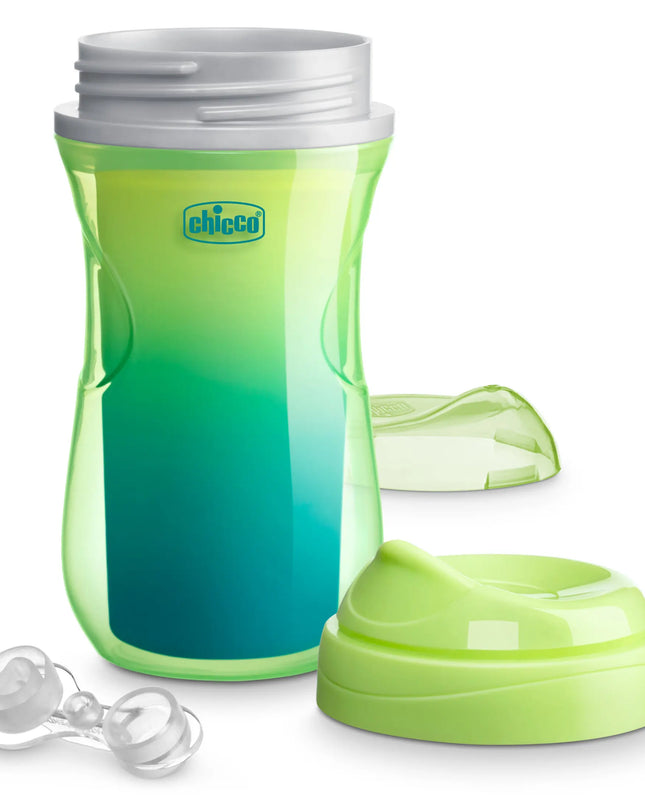 Gradient green and blue sippy cup with additional components on a white background