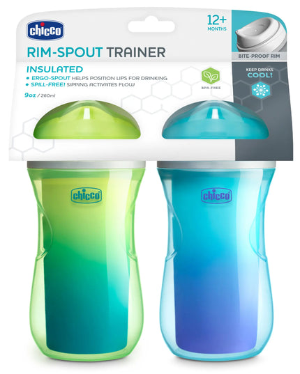 Two Chicco rim-spout trainers in green and blue packaging on a white background
