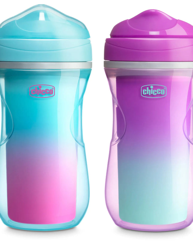 Two gradient-colored sippy cups with chicco branding on a white background