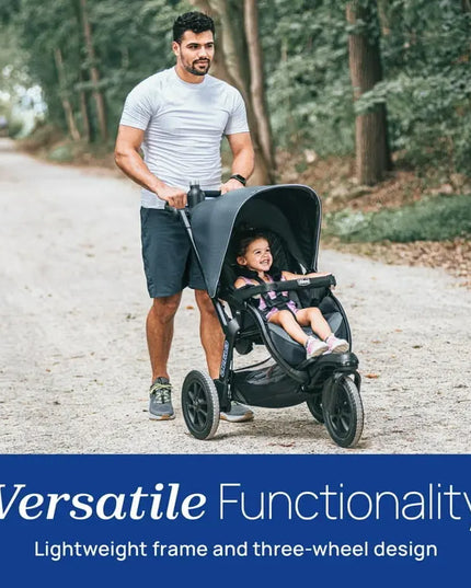 Man pushing a stroller with a child on a path in a forest, with text about stroller functionality.
