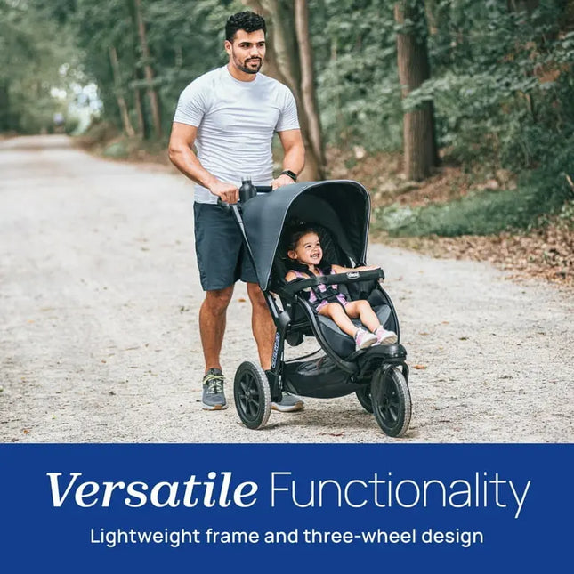 Man pushing a stroller with a child on a path in a forest, with text about stroller functionality.