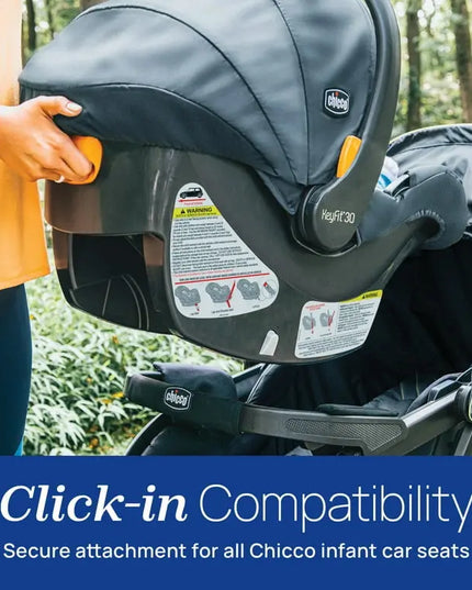 Chicco car seat being attached to a stroller with text about click-in compatibility.