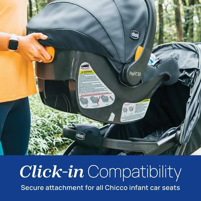 Chicco car seat being attached to a stroller with text about click-in compatibility.