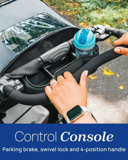 Control console with parking brake, swivel lock, and 4-position handle on a vehicle, with a person's hand interacting with it.