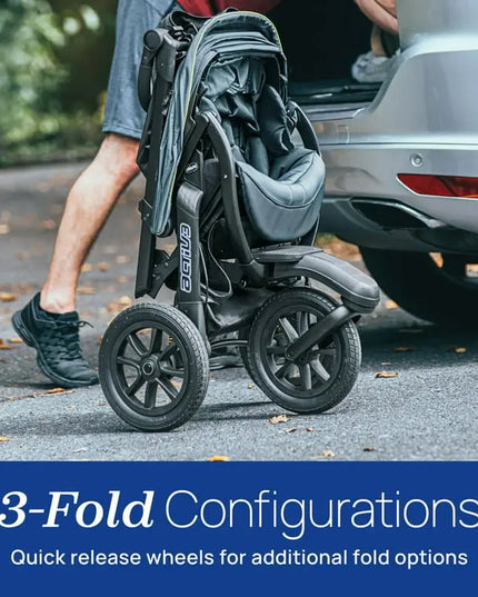 Foldable stroller being loaded into a car trunk with text about 3-fold configurations.