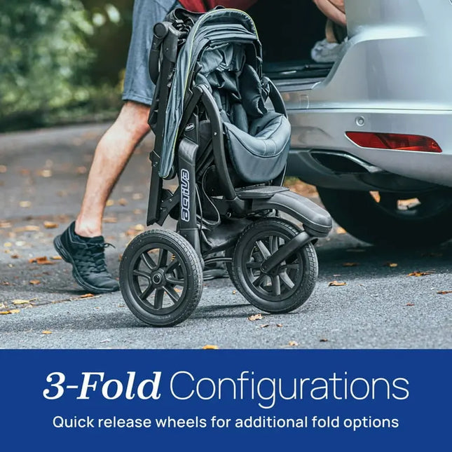 Foldable stroller being loaded into a car trunk with text about 3-fold configurations.