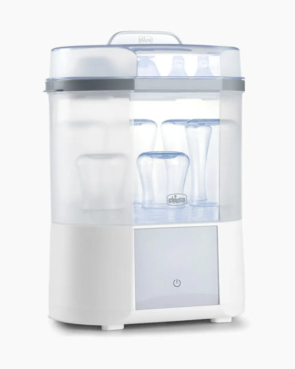 White baby bottle sterilizer with clear container on a white background