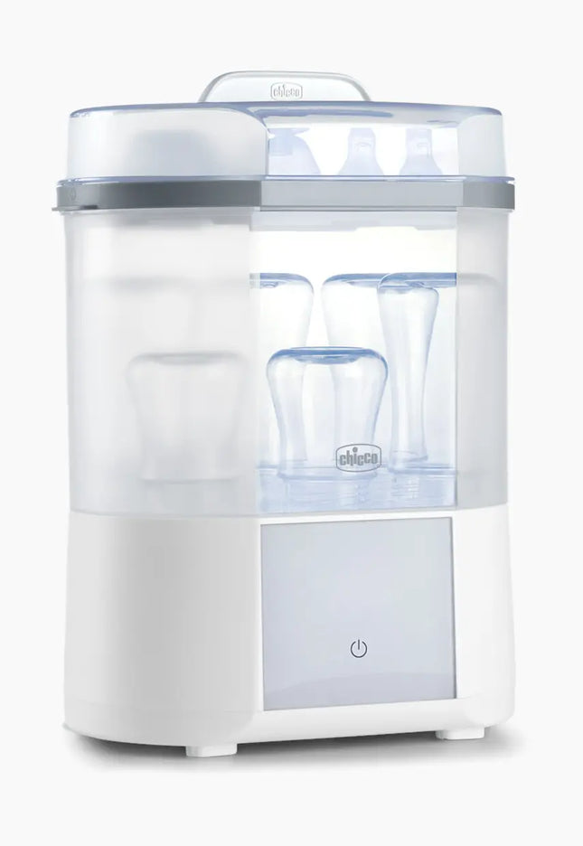 White baby bottle sterilizer with clear container on a white background