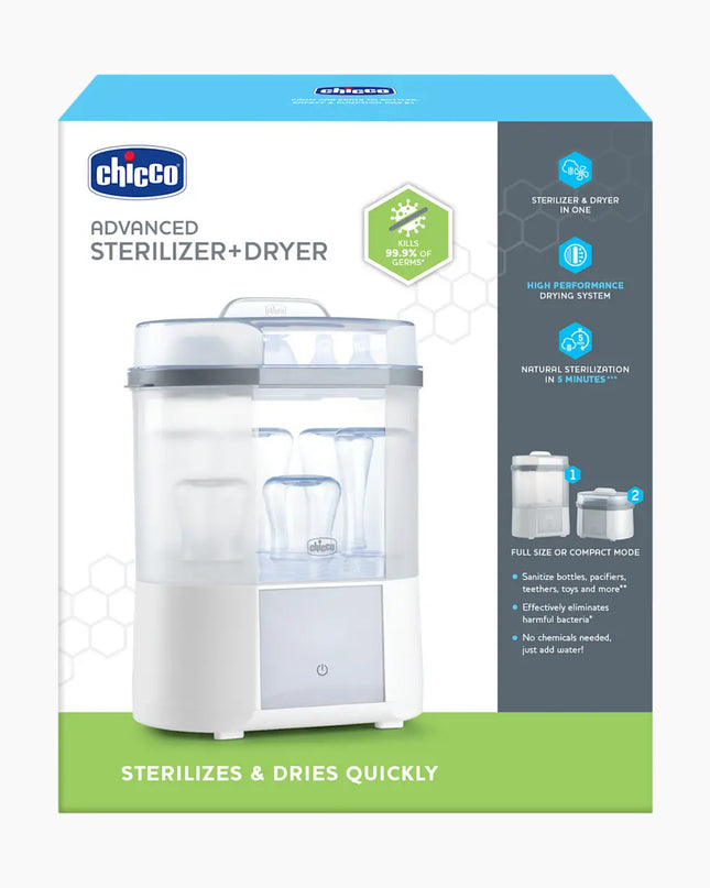 Chicco Advanced Sterilizer + Dryer packaging with product image and features on a white background