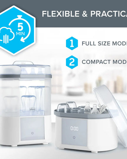 Two white electronic devices with a blue hexagonal icon and text on a blurred kitchen background.