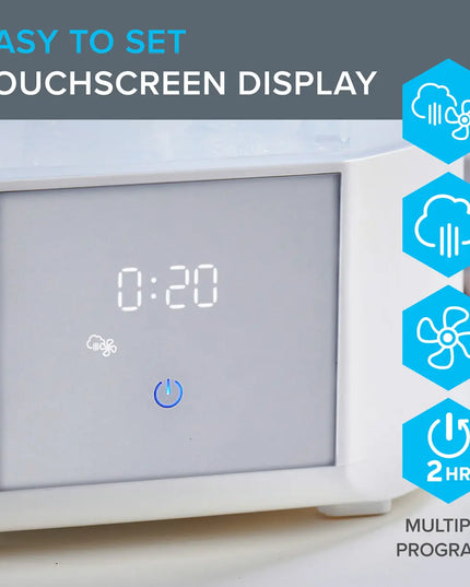 Touchscreen display of a device with icons and text indicating ease of use and features.