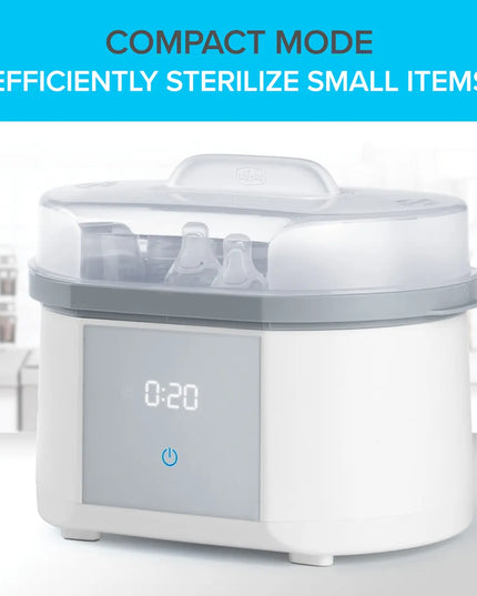 White and gray sterilizer with digital display on a white background