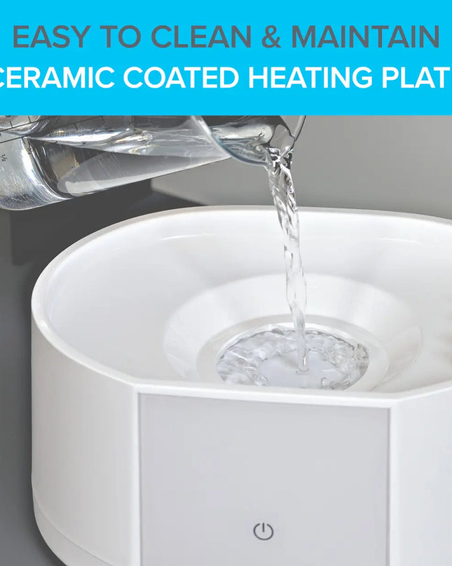 Ceramic coated heating plate with water being poured into it, labeled 'Easy to clean & maintain'.