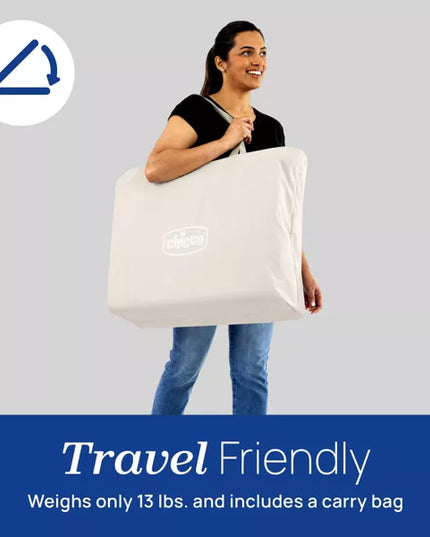 Woman holding a large white bag with text about travel friendliness on a gray background