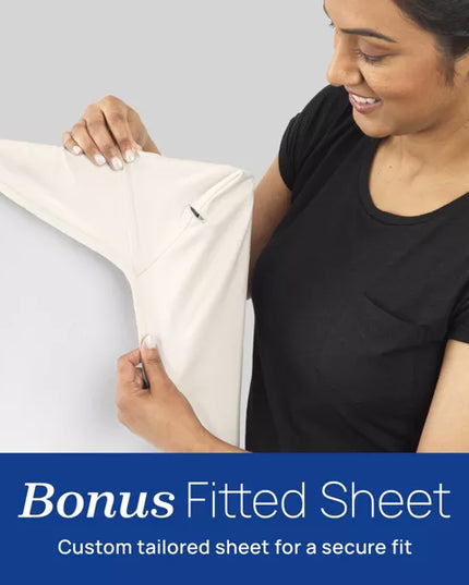 Woman holding a fitted sheet with text about a bonus fitted sheet offer.