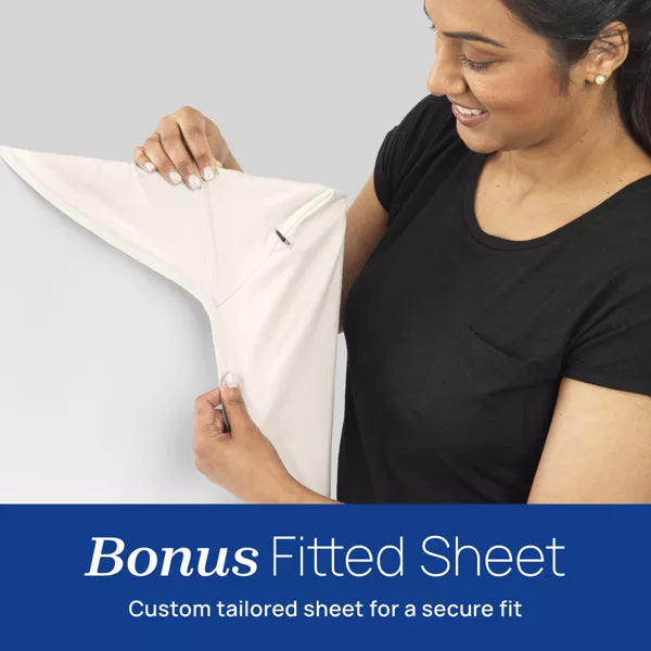 Woman holding a fitted sheet with text about a bonus fitted sheet offer.