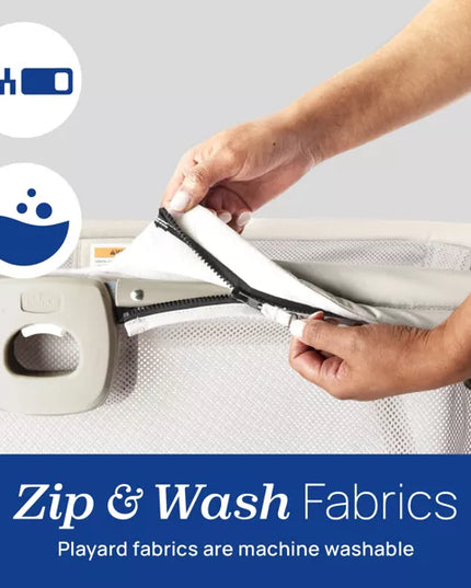 Person cleaning a playard with a brush, with 'Zip & Wash Fabrics' branding and text.