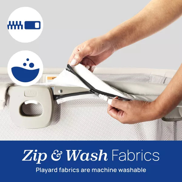 Person cleaning a playard with a brush, with 'Zip & Wash Fabrics' branding and text.