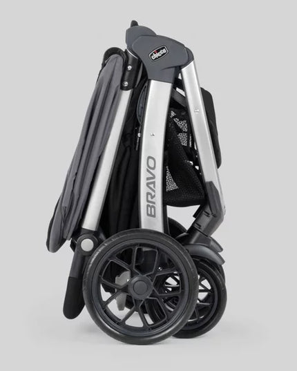 Foldable stroller with 'Bravo' branding on a light gray background