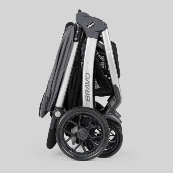 Foldable stroller with 'Bravo' branding on a light gray background