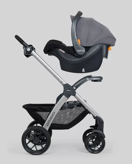 Stroller and car seat combo on a light gray background