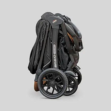 Black stroller with 'Bravissimo' branding on a gray background