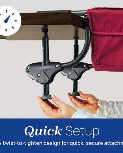 Table leg with quick setup mechanism and red bag on a white background