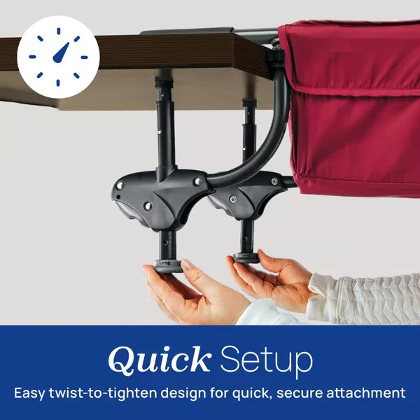 Table leg with quick setup mechanism and red bag on a white background