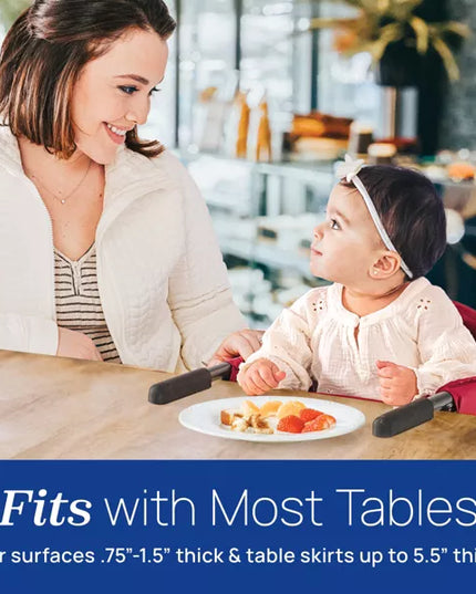 Woman and child at a dining table with a plate of food, text about table compatibility.