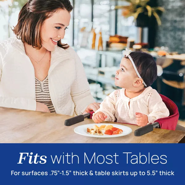 Woman and child at a dining table with a plate of food, text about table compatibility.