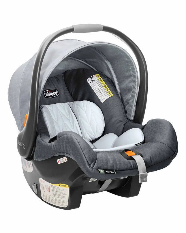 Gray and black Chicco car seat on a white background