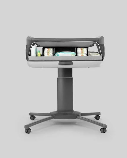 Gray office chair with a storage compartment on a light gray background