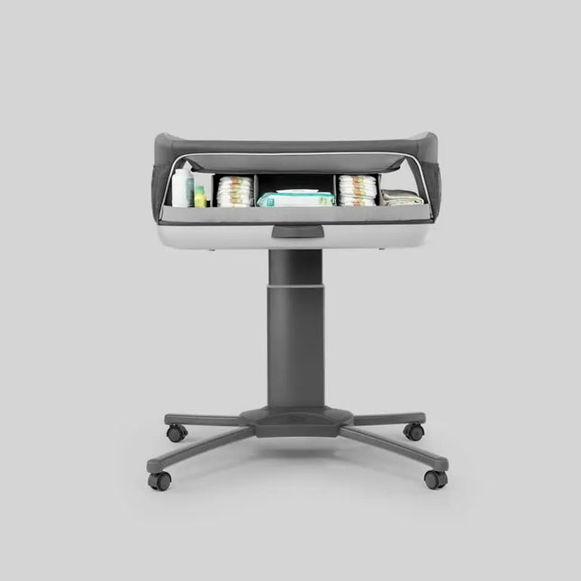 Gray office chair with a storage compartment on a light gray background