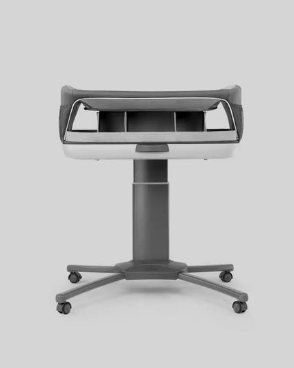 Gray office chair with a adjustable desk on a white background