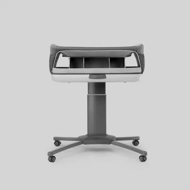Gray office chair with a adjustable desk on a white background