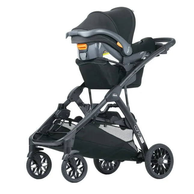 Black stroller with car seat attachment on a white background