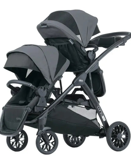 Black and gray double stroller on a white background
